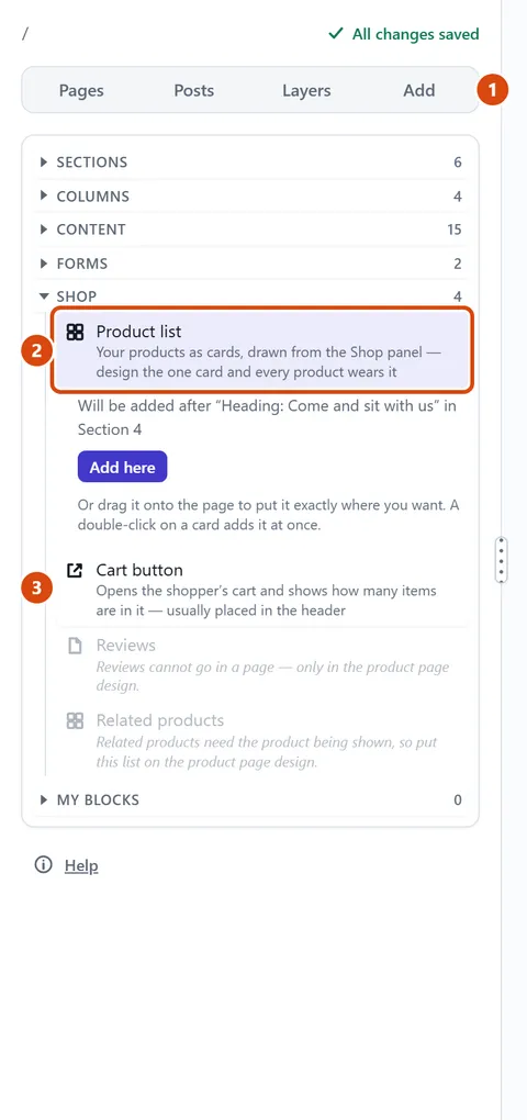 The editor, with Product list circled and each step numbered.