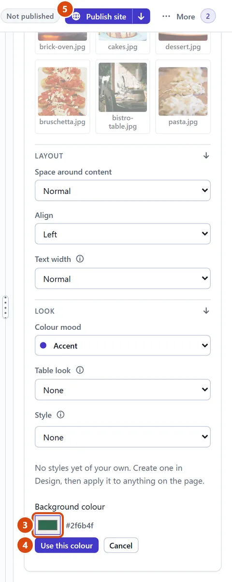 The editor, with Background colour circled and each step numbered.