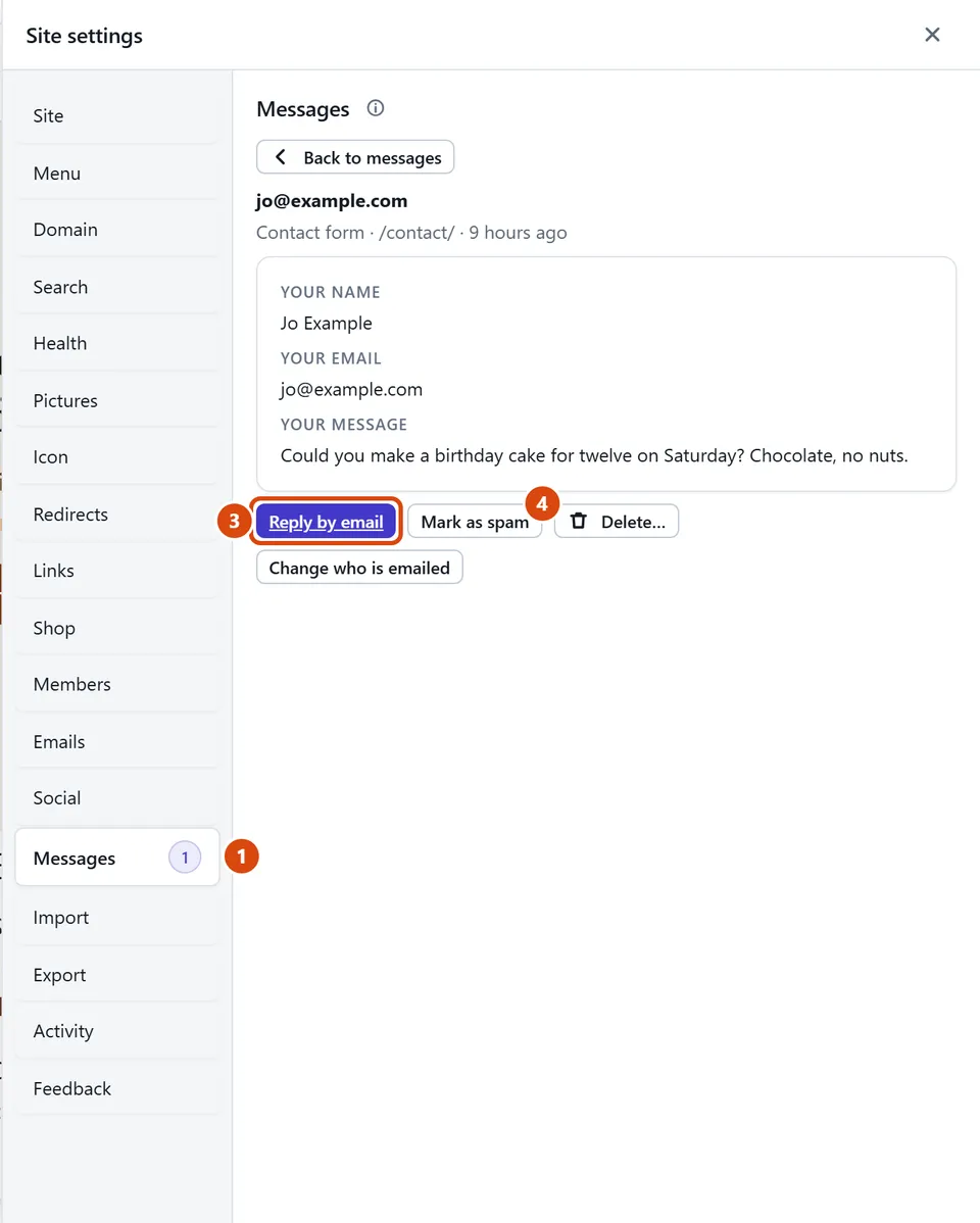 The editor, with Reply by email circled and each step numbered.