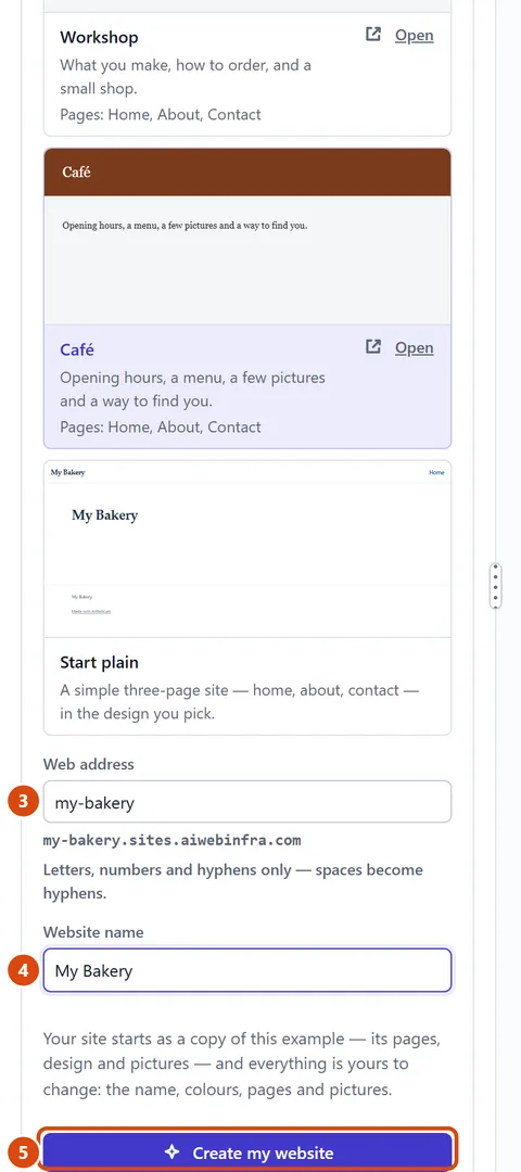 The editor, with Create my website circled and each step numbered.