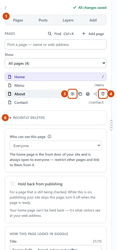 The editor, with Rename, Delete circled and each step numbered.