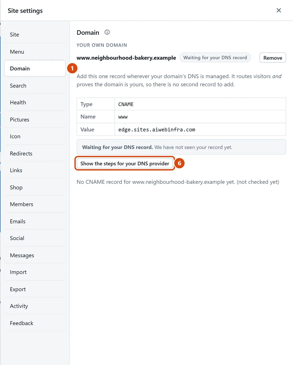 The editor, with Show the steps for your DNS provider circled and each step numbered.