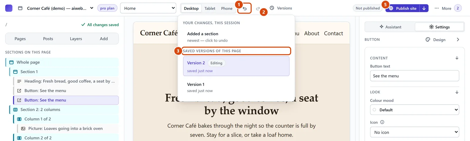 The editor, with Undo, Saved versions of this page circled and each step numbered.