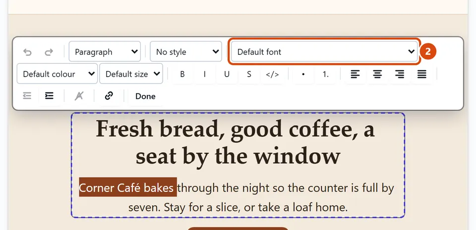 The editor, with Font circled and each step numbered.