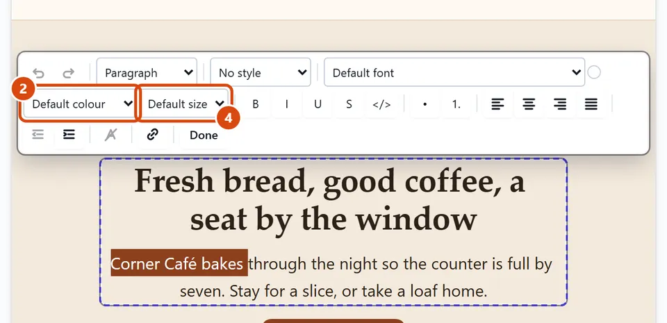 The editor, with Colour, Size circled and each step numbered.