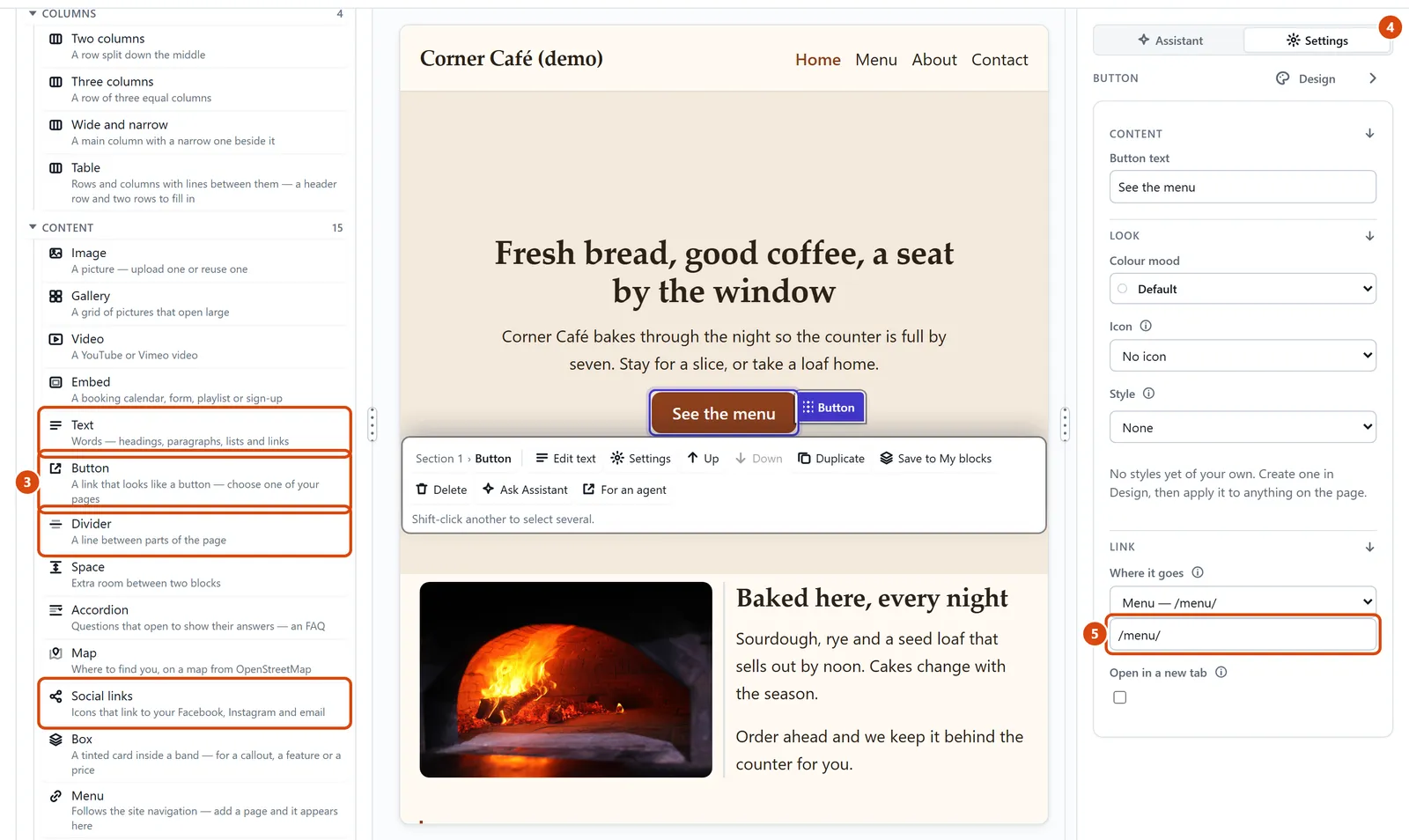 The editor, with Text, Button, Divider, Social links, Where it goes circled and each step numbered.