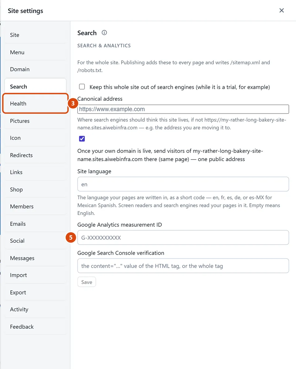 The editor, with Health circled and each step numbered.