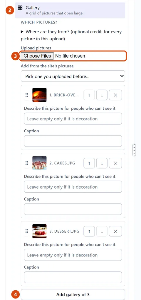The editor, with Upload pictures circled and each step numbered.
