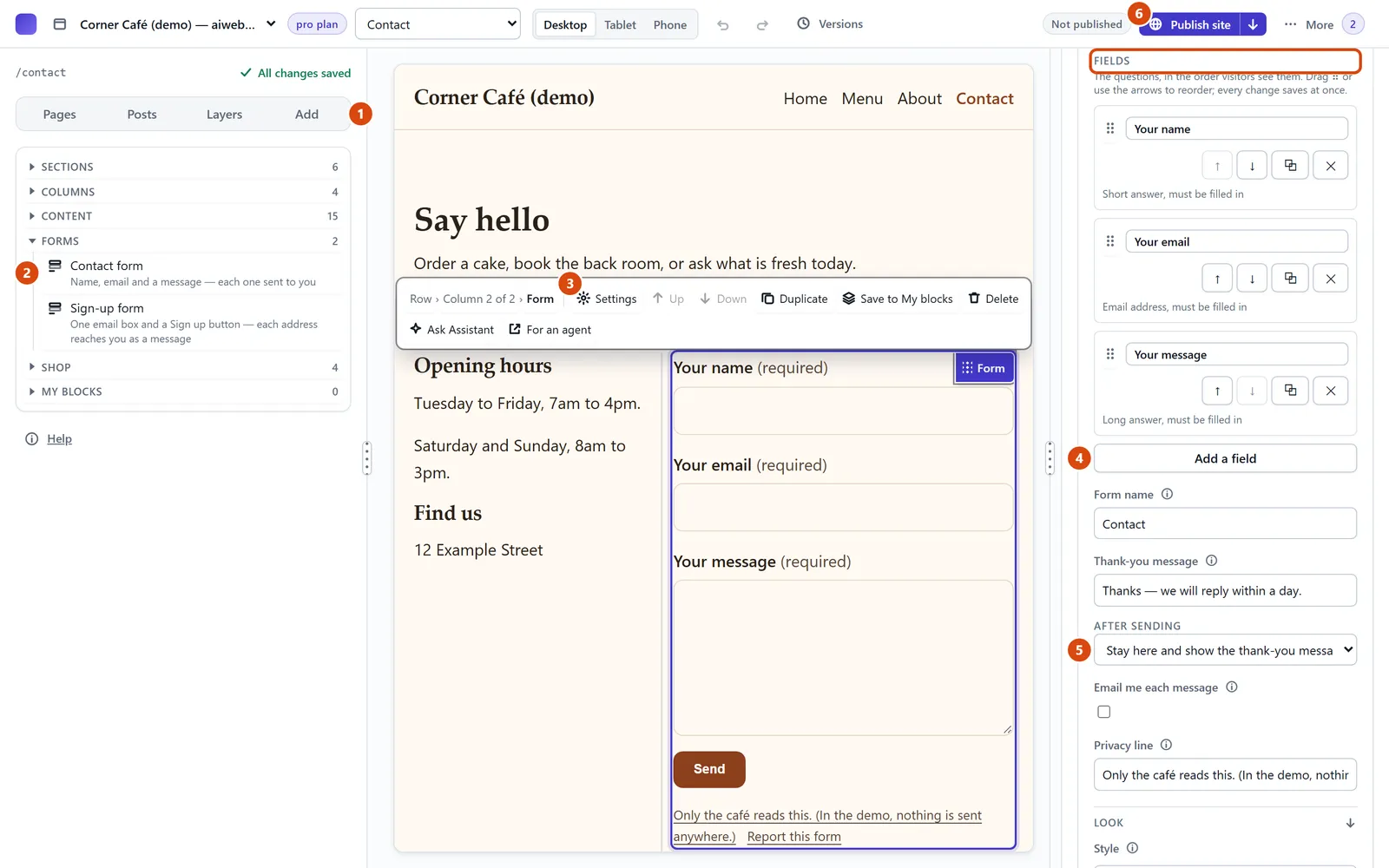 The editor, with Fields circled and each step numbered.