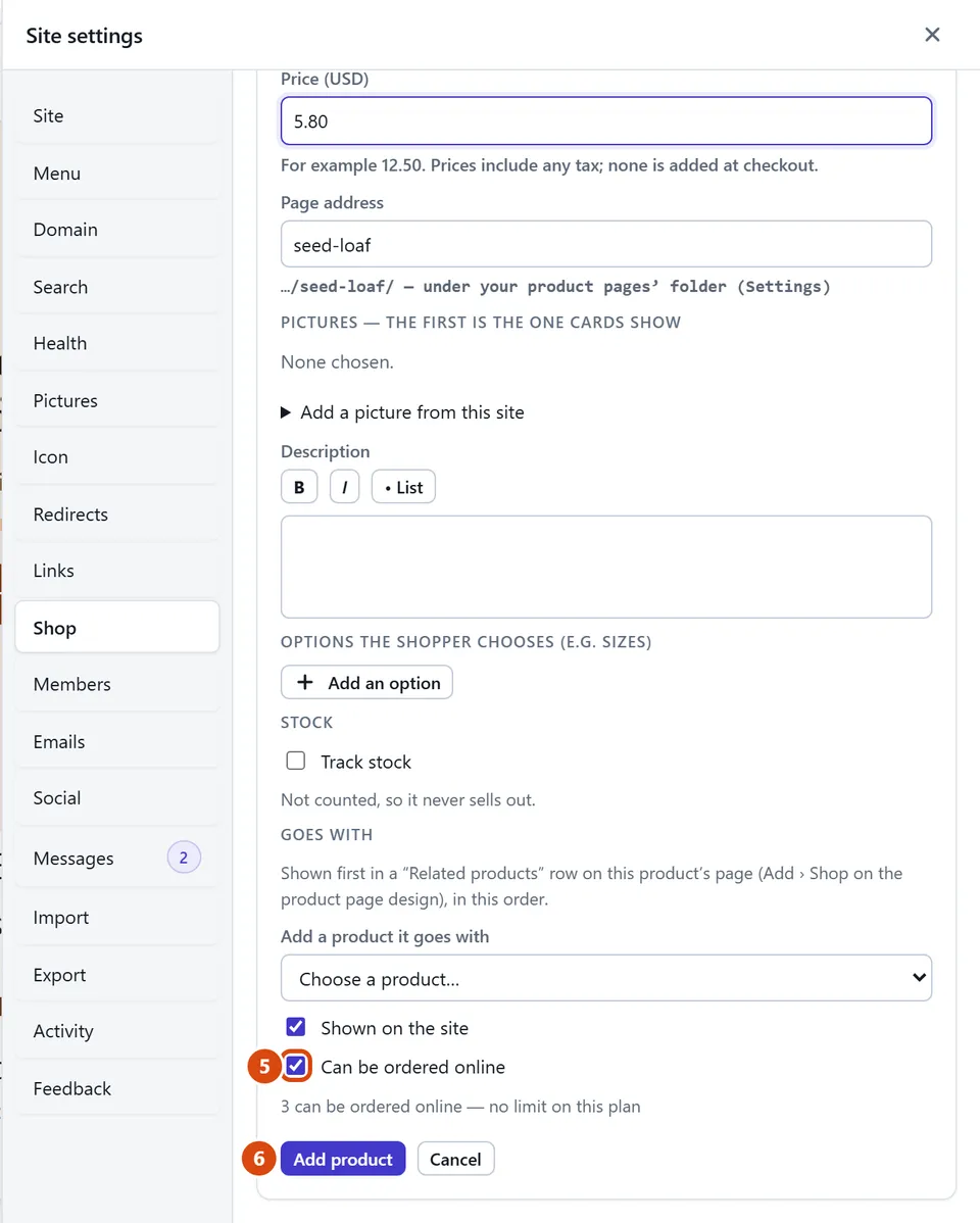 The editor, with Can be ordered online circled and each step numbered.