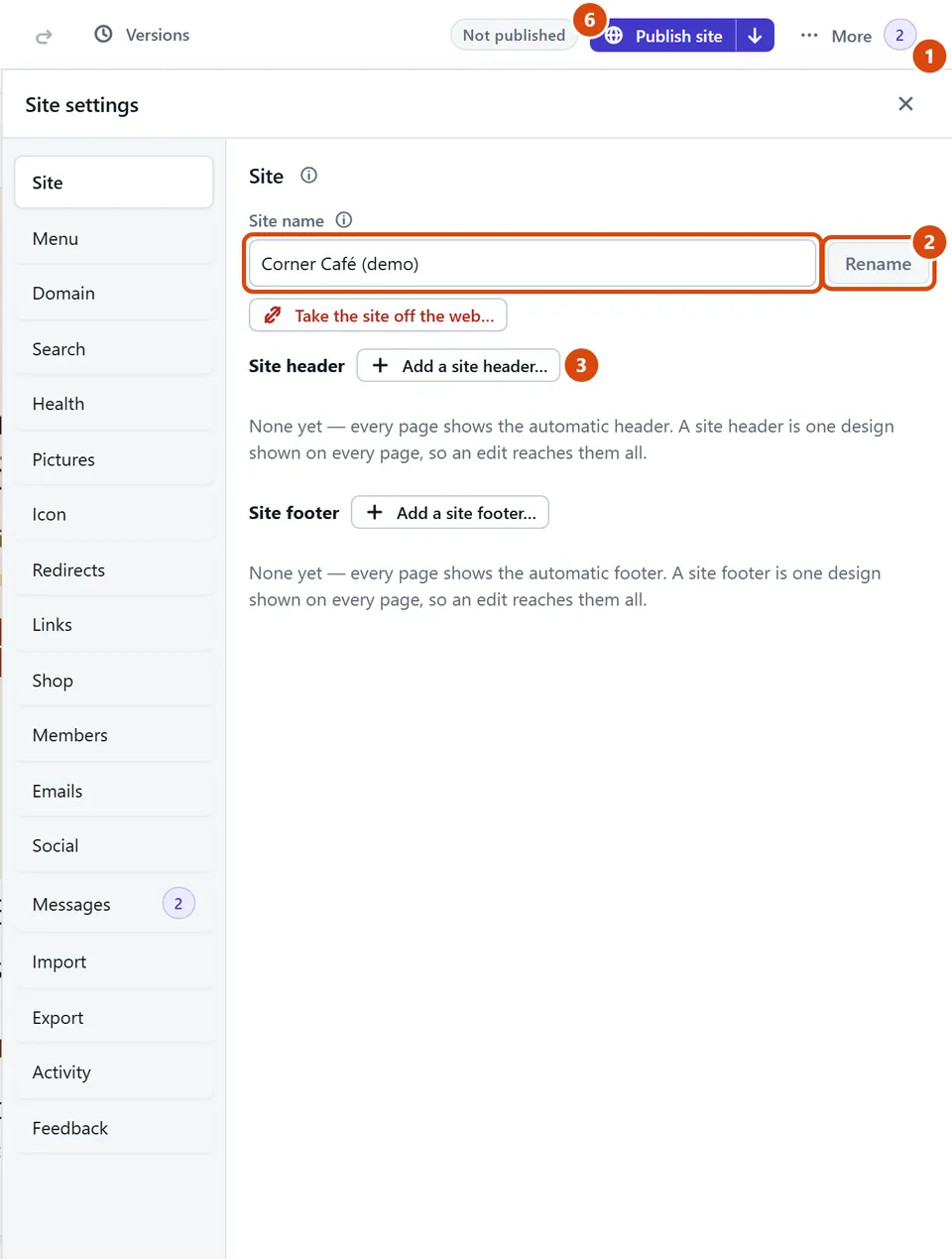 The editor, with Site name, Rename circled and each step numbered.