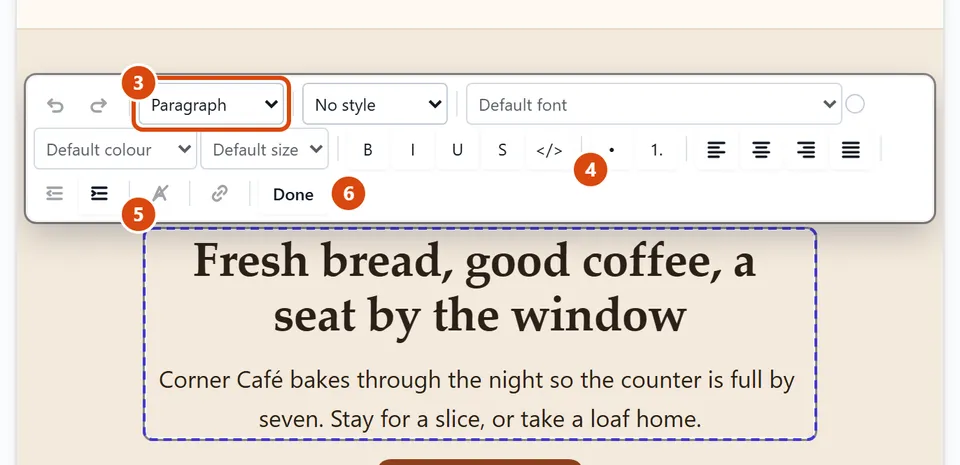 The editor, with Block type circled and each step numbered.