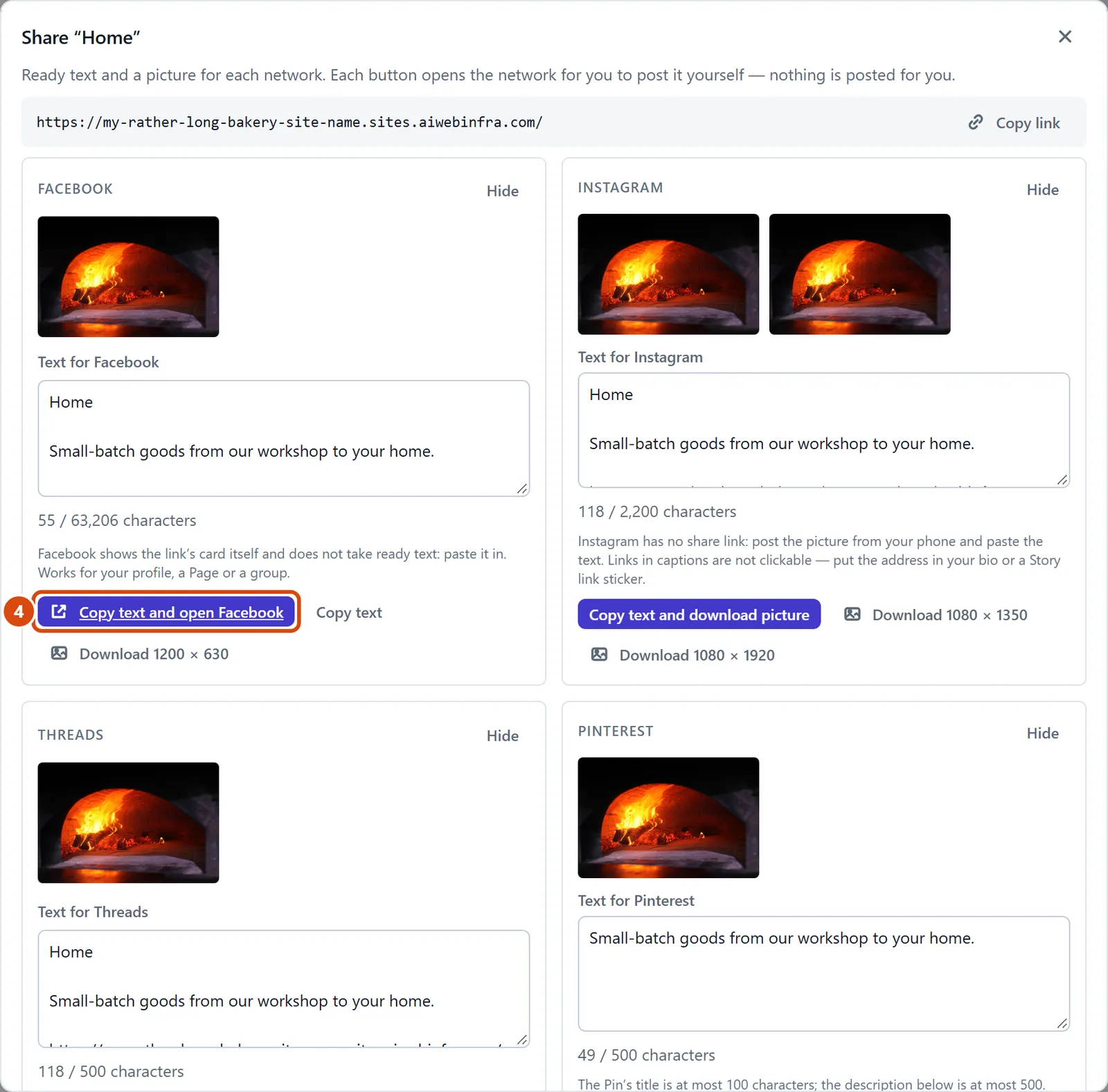 The editor, with Copy text and open Facebook circled and each step numbered.