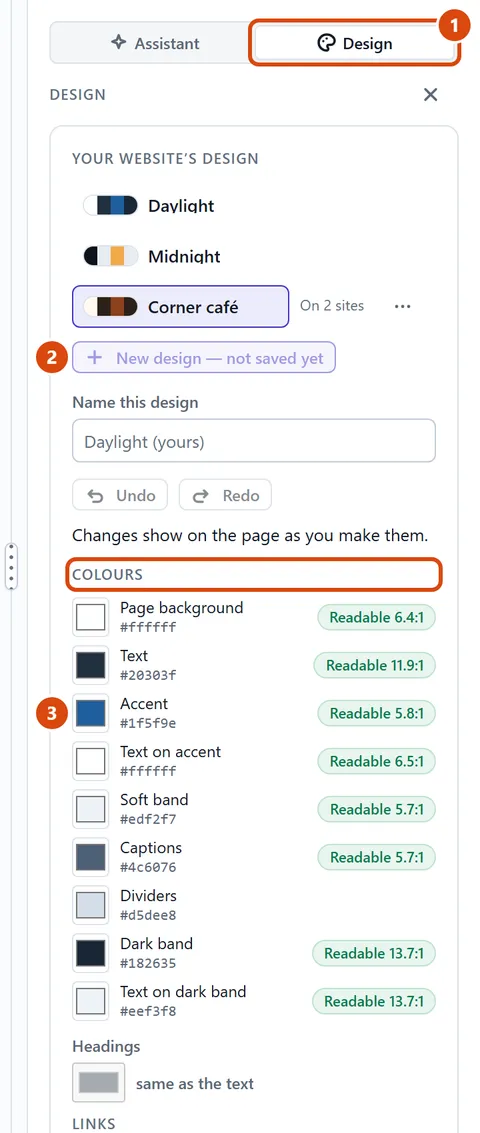 The editor, with Design, Colours circled and each step numbered.