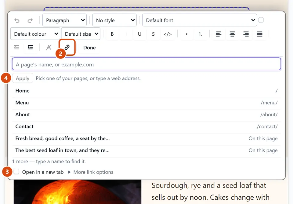 The editor, with Add a link circled and each step numbered.