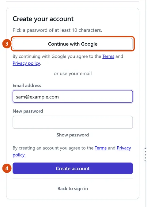 The editor, with Continue with Google circled and each step numbered.