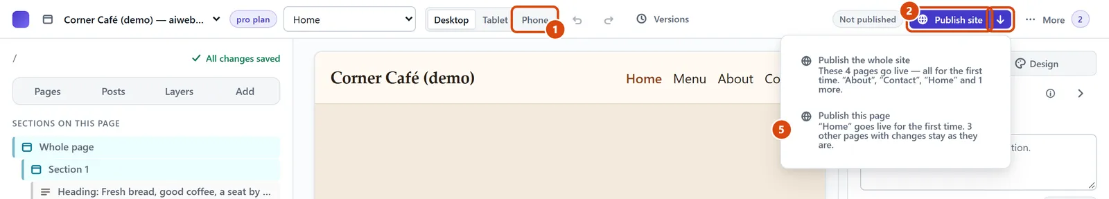 The editor, with Phone, Publish site, Choose what to publish circled and each step numbered.