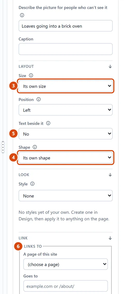 The editor, with Size, Shape circled and each step numbered.
