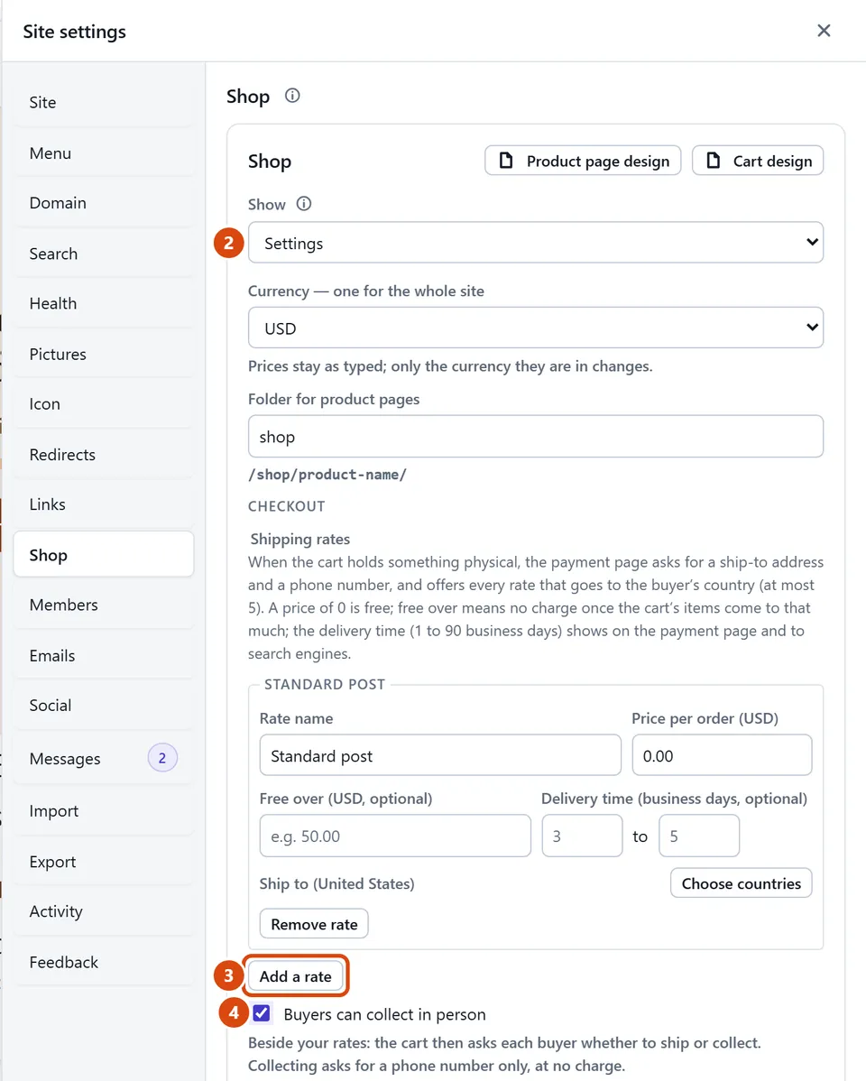 The editor, with Add a rate circled and each step numbered.
