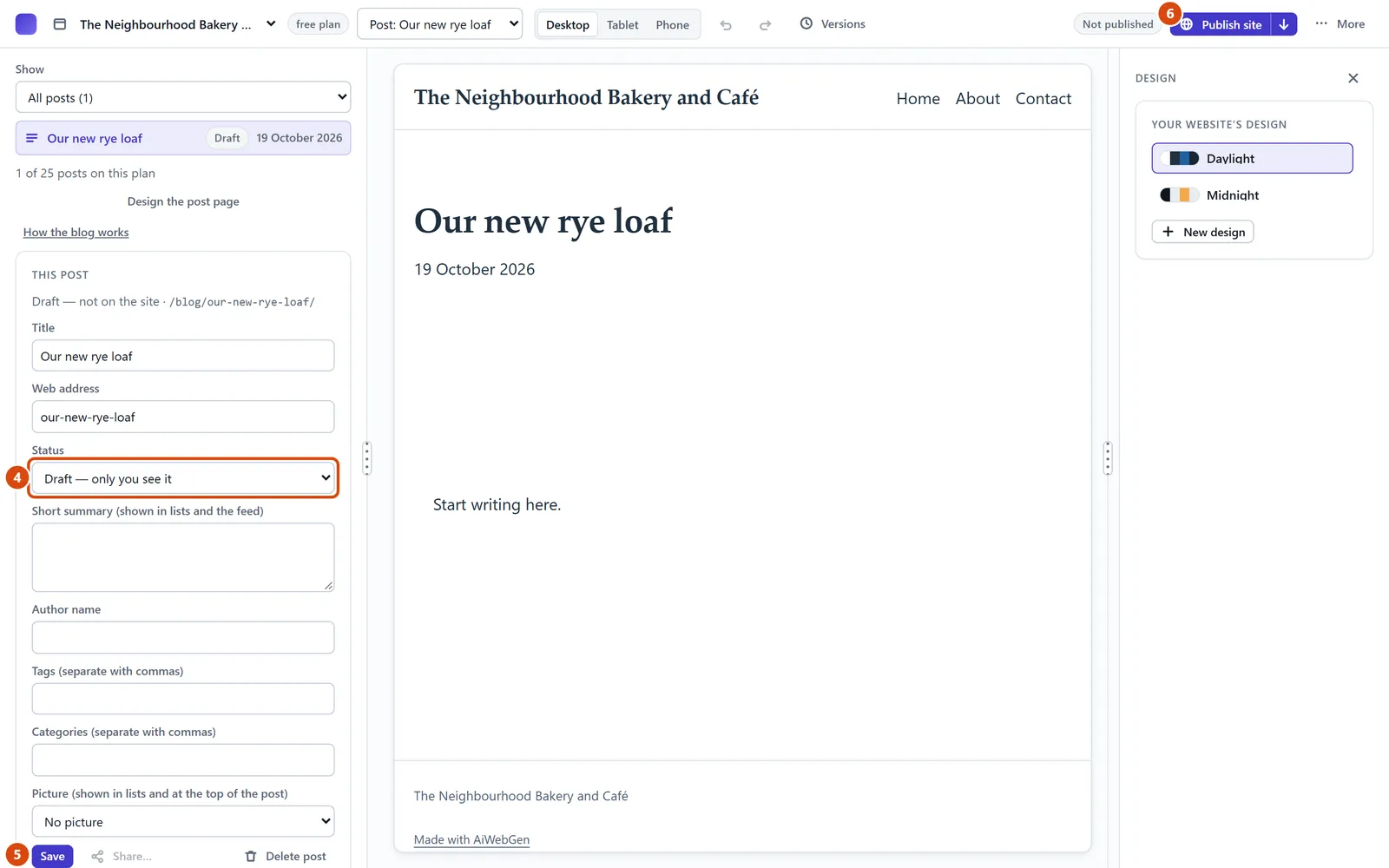The editor, with Status circled and each step numbered.
