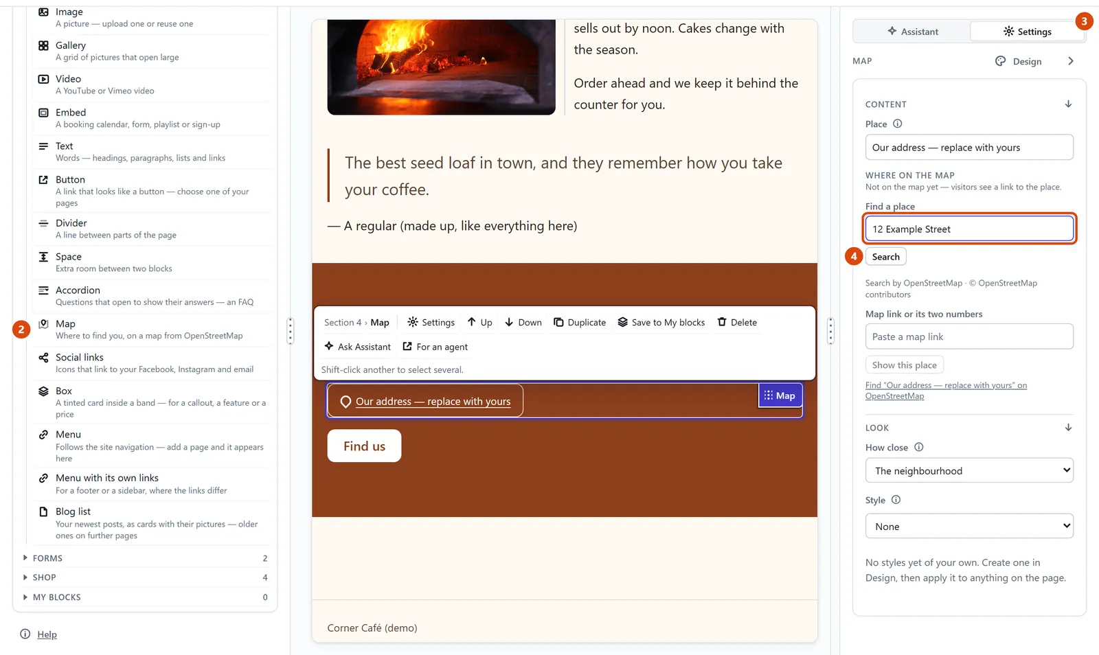 The editor, with Find a place circled and each step numbered.